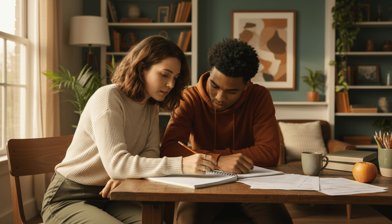 Tutor and student working together at a table in a cozy home study
