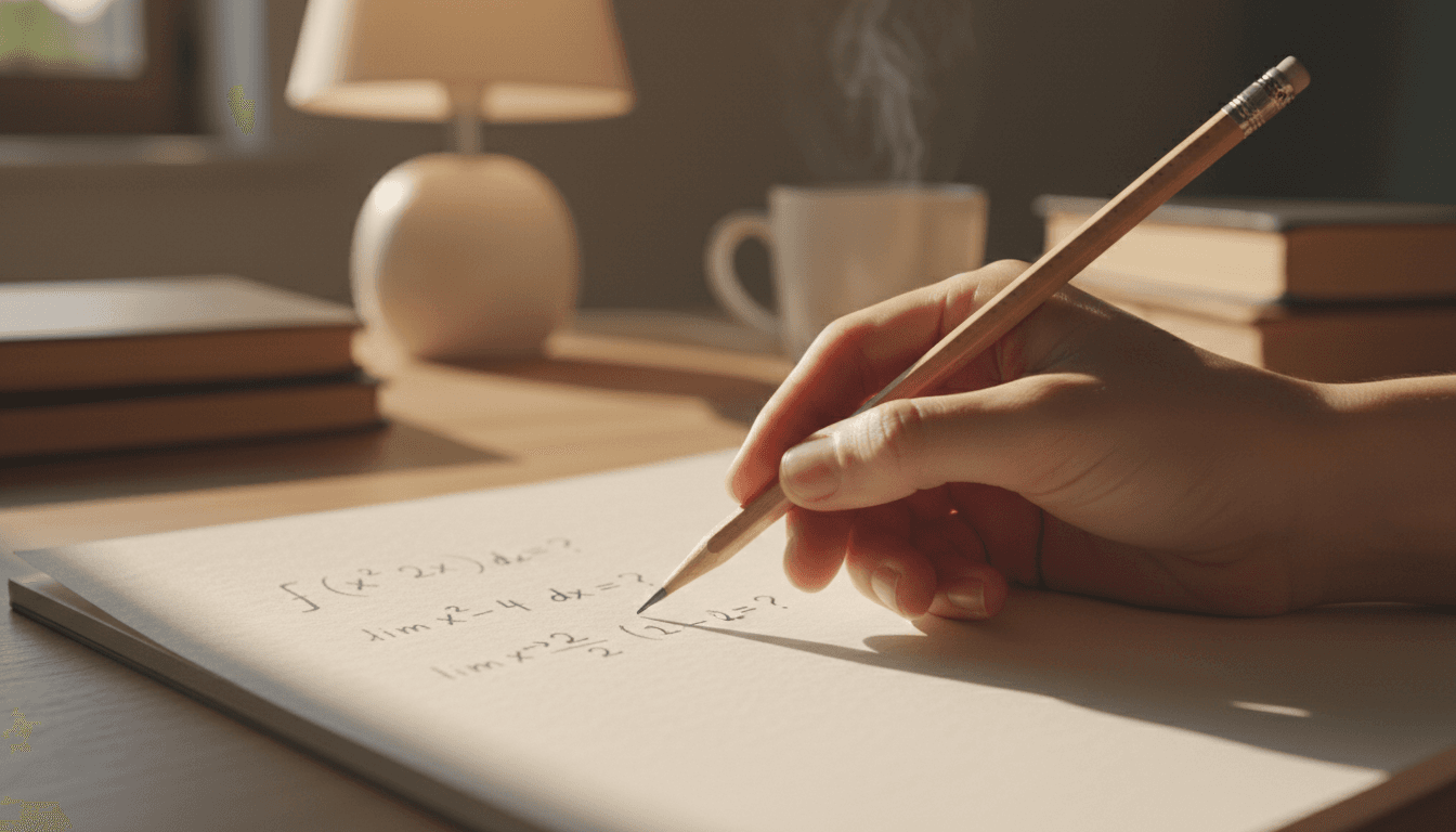 Student's hand with pencil on notebook, math equations visible, cozy study setting