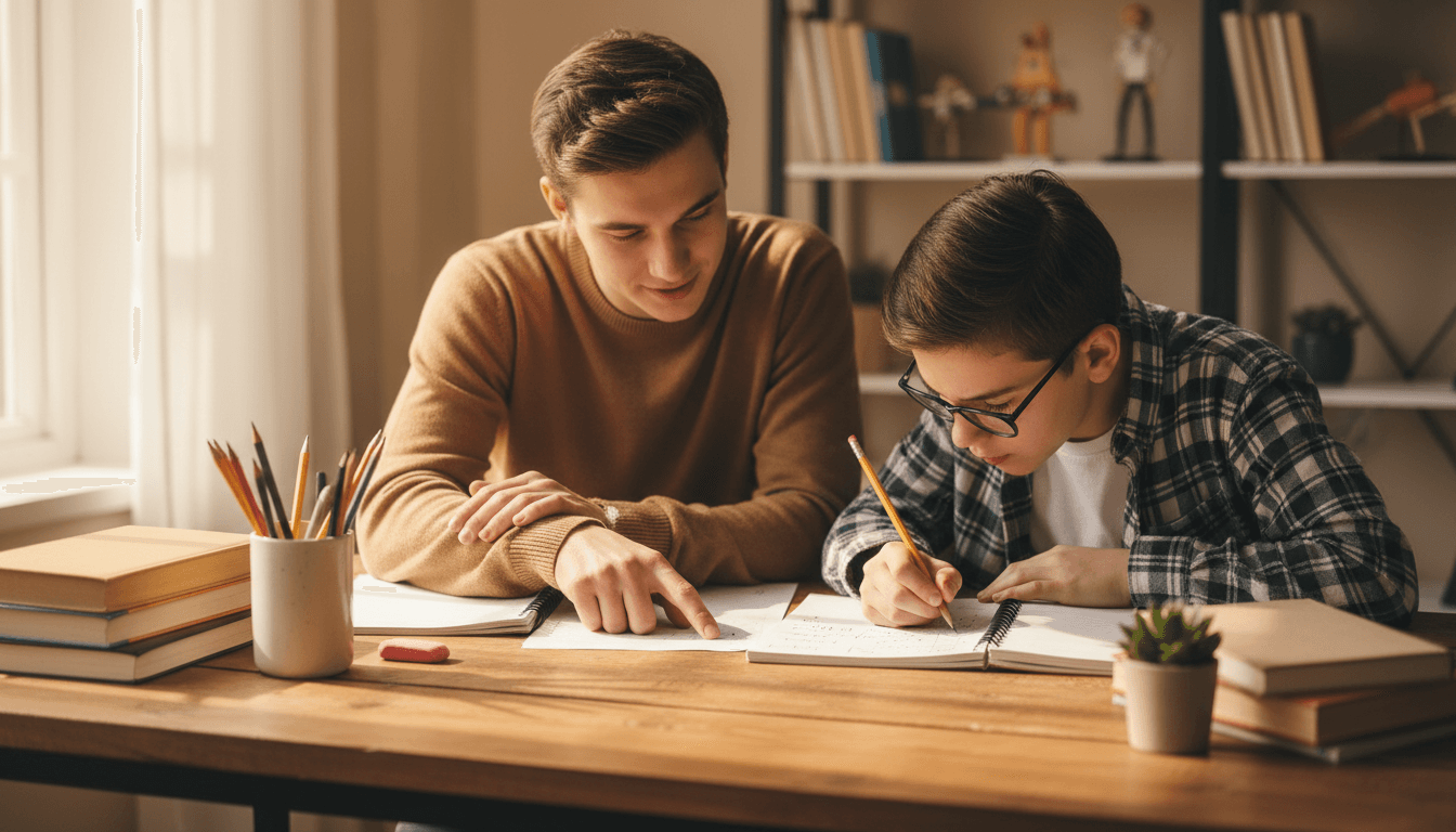 Tutor and student working together at a table with notebooks and textbooks